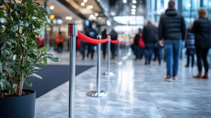 Fototapeta premium A busy indoor environment shows a queue with a red rope barrier, illustrating the organization of crowd management in a lively and vibrant public space.