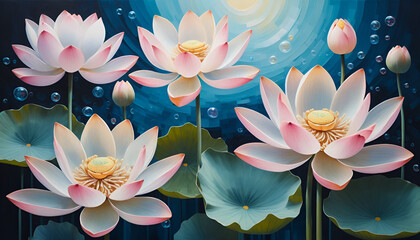Graceful Lotus Blooms on a Vibrant Blue Canvas