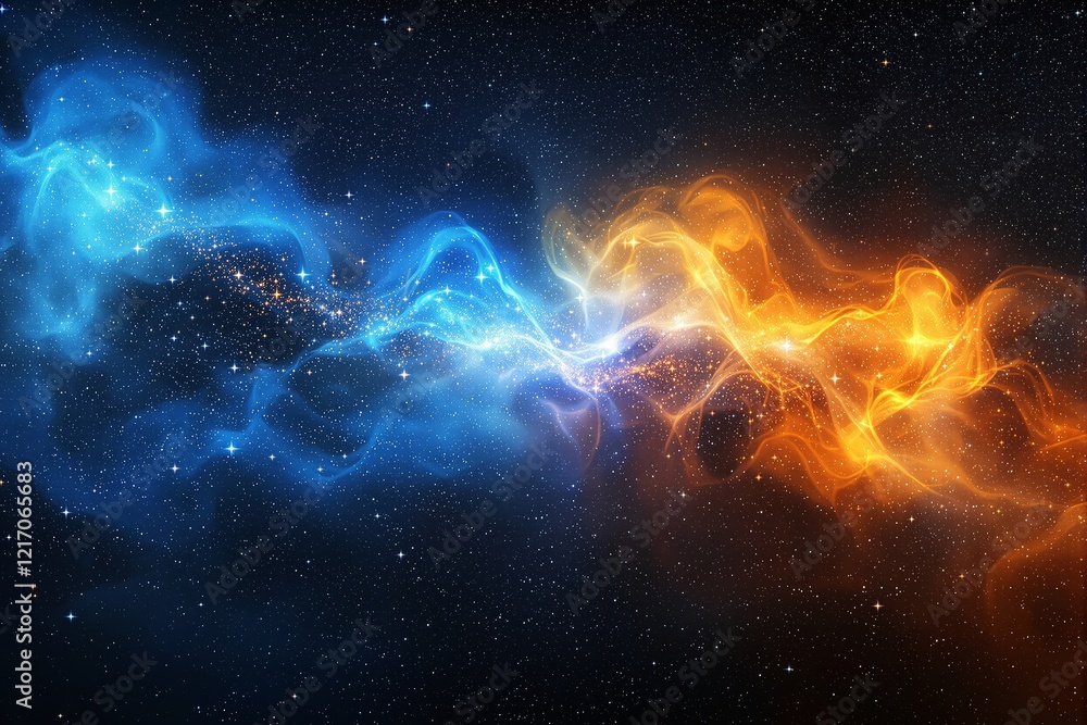 Poster cosmic collision of blue and orange glowing nebulae in a starry galaxy background.