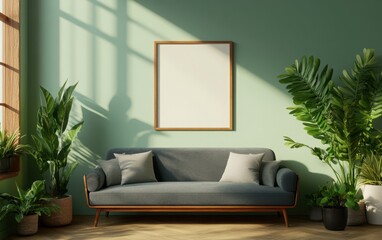 3D render of a minimalist living room with a gray sofa and a tall empty frame on the wall, surrounded by houseplants. Natural daylight fills the space, creating an inviting atmosphere