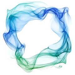 Obraz premium A digital artwork of swirling, colorful smoke in shades of blue and green, forming a circular shape against a white background.
