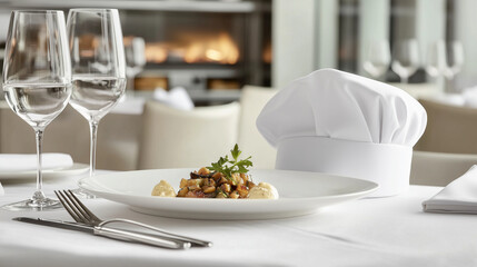 Gourmet Dish with Chef Hat and Elegant Table Setting