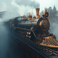 Steam locomotive travels on a fog-covered bridge in a vintage industrial city setting