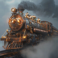 Vintage steam locomotive billowing smoke while traveling through a foggy landscape at dusk