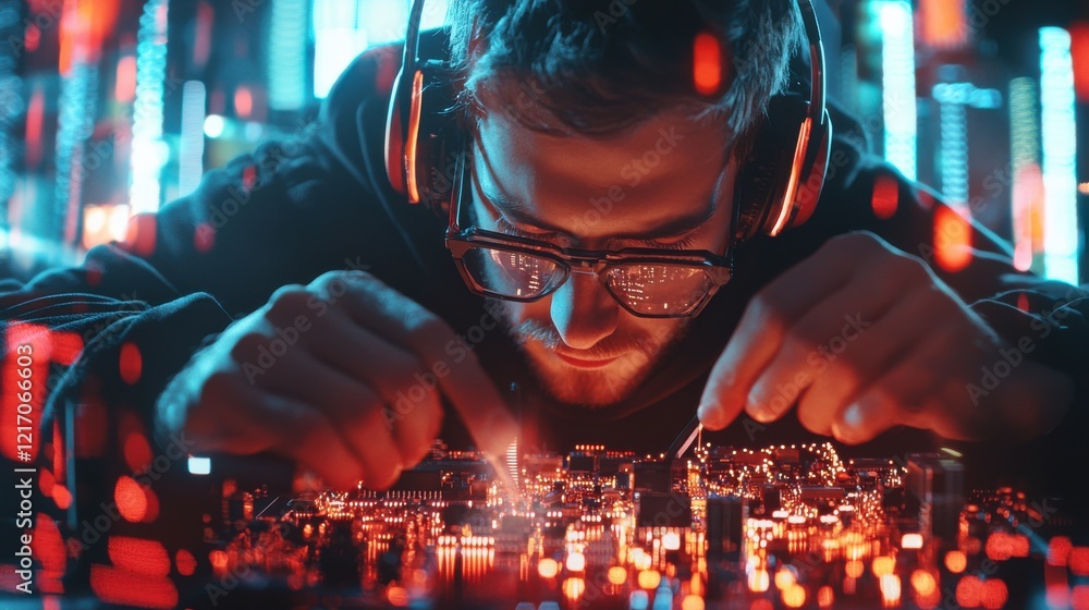 Poster focused tech engineer analyzing computer circuits and electronics in workstation