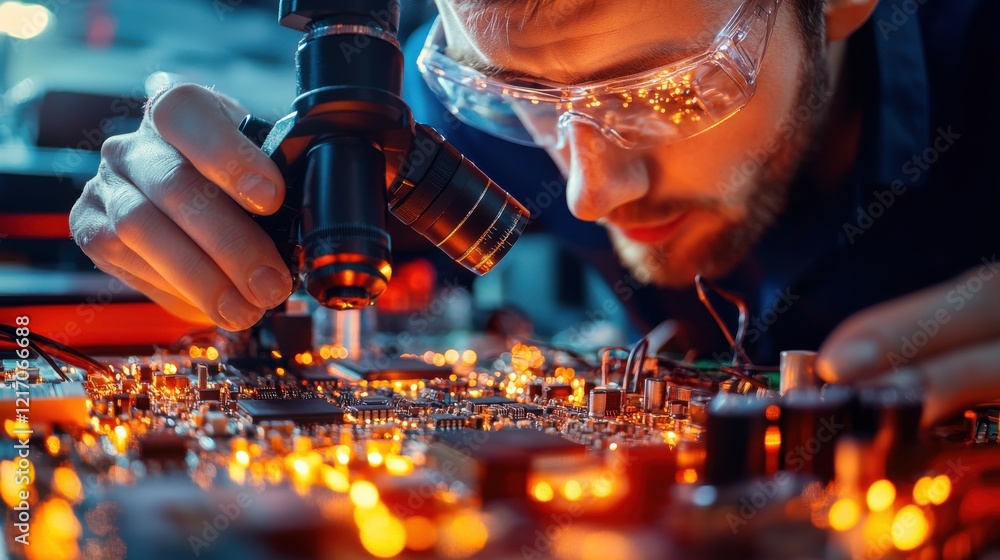 Poster skilled electronics engineer repairing and troubleshooting circuit board with precision tools