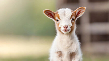 Obraz premium Cute young goat standing outdoors with a soft smile on its face
