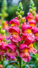 A snapdragon with thick, glossy petals that look like a tiny raincoat, complete with a hood-like shape.