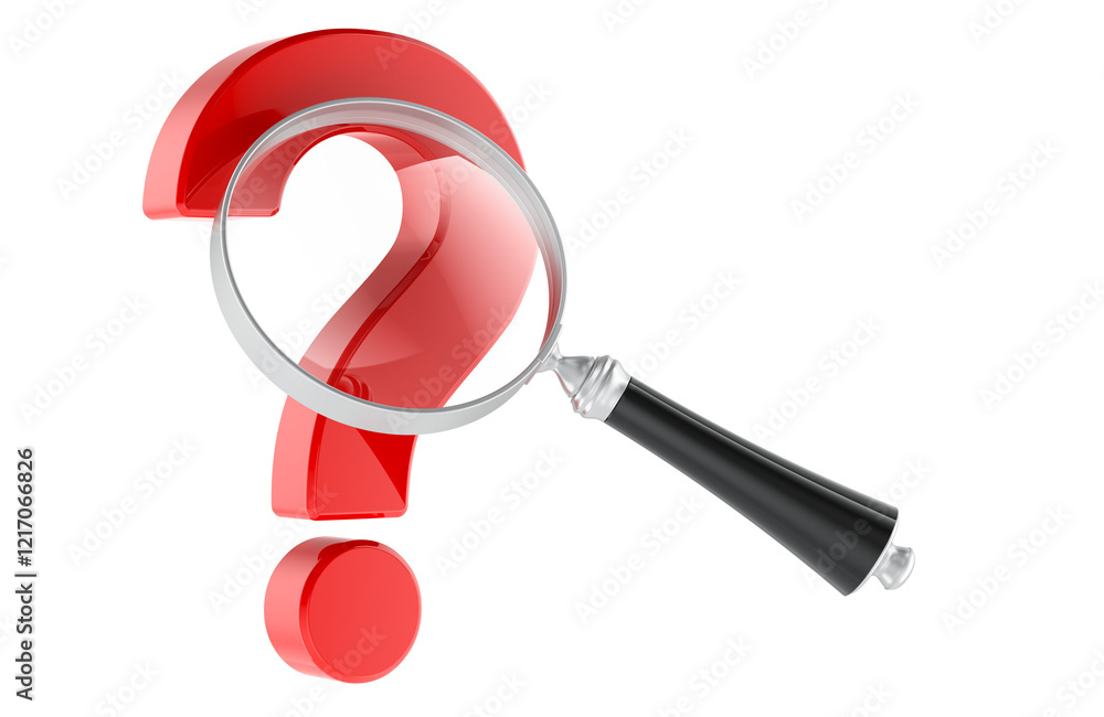 Poster magnifying glass with question mark. 3d rendering isolated on transparent background