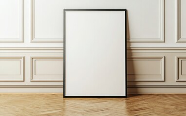 A mockup of an empty white poster frame in the corner, leaning against a modern wall with light wood and black accents. 