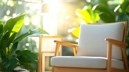 A serene indoor setting features a cozy chair bathed in soft sunlight, surrounded by lush greenery, inviting a sense of peace and tranquility in the living space.