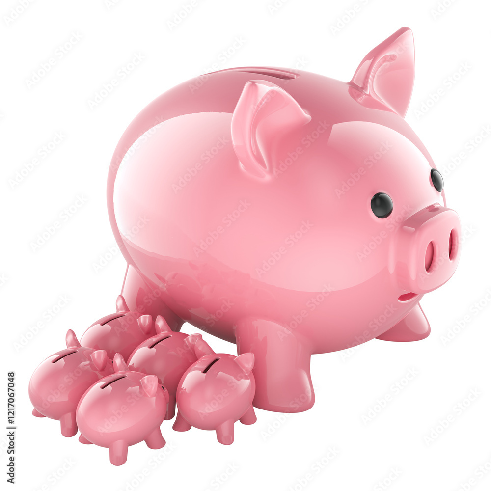 Poster piggy bank with small piggy banks. 3d rendering isolated on transparent background