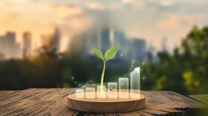 Economy blooming growth opportunity concept. Growing plant with financial growth bars in a serene cityscape background.