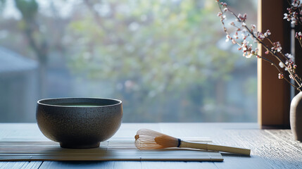 Japanese matcha tea in a traditional bowl with a bamboo whisk and a minimalist Zen setting, serene tea ceremony