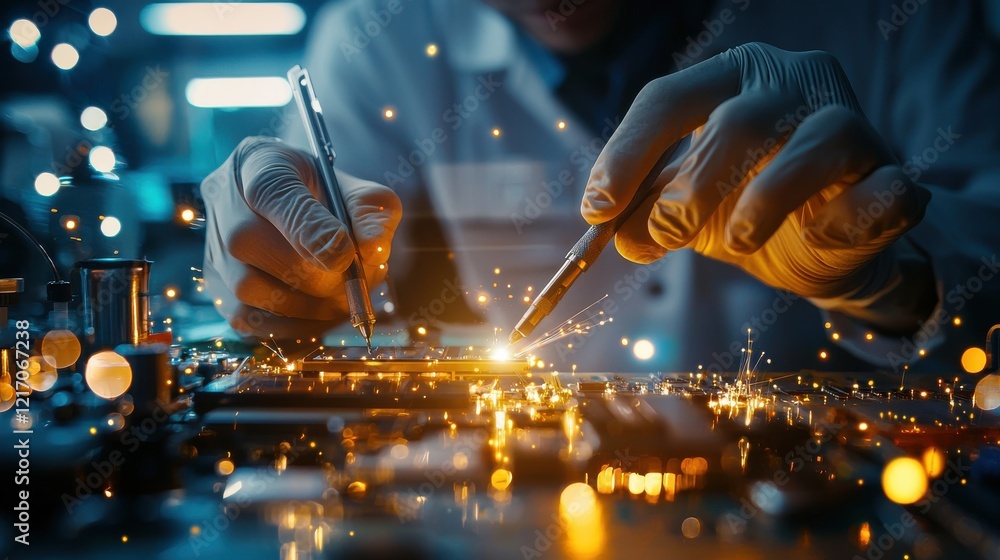 Poster hands of electronics technician soldering circuit board in bright sparking workshop