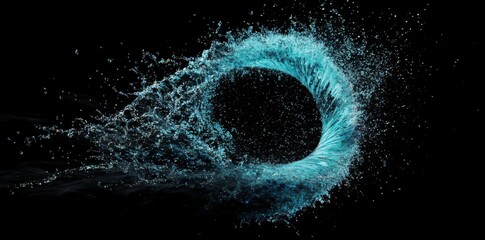 Vibrant blue water splash forms a spiral shape against a black background with intricate details and depth
