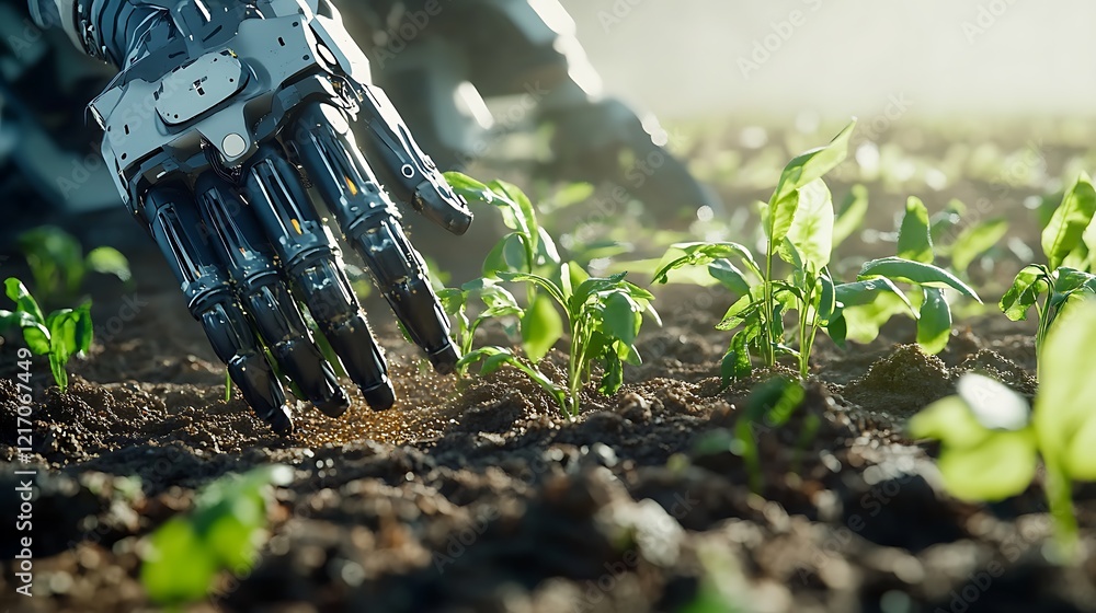 Poster close-up of a robotic arm planting seeds with precise spacing and depth, showcasing modern automated