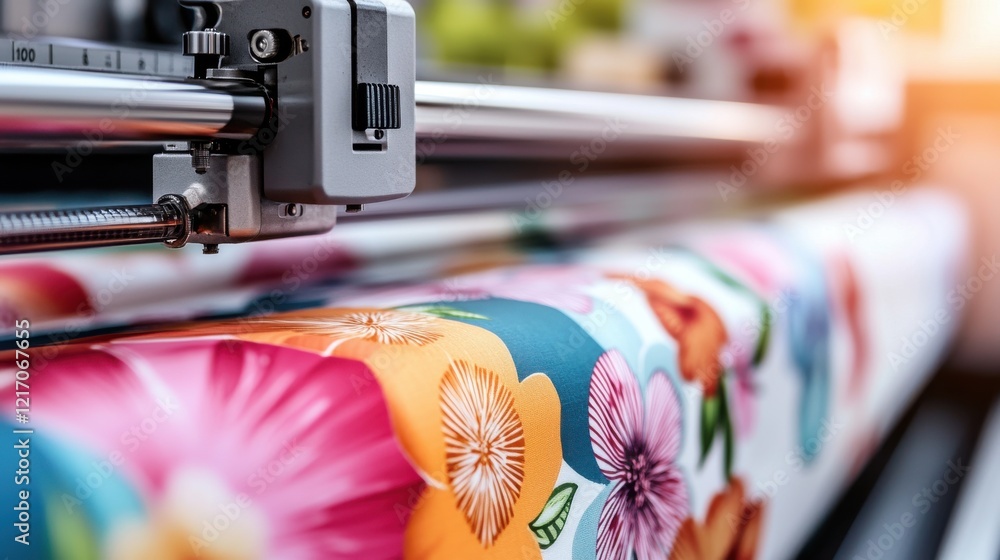 Poster vibrant digital printing machine producing colorful textile patterns in modern workshop