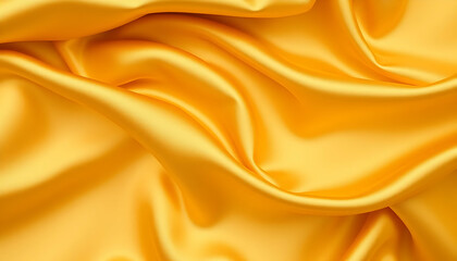 Obraz premium Golden silk fabric, luxurious drapery, smooth texture, shimmering surface, warm tones, soft folds, satin finish, elegant backdrop, rich amber hue, glossy material, flowing curves, high-end textile, op