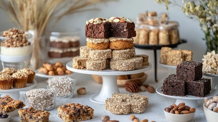 Fototapeta premium Table with a variety of gluten-free products, baked goods with seeds and nuts. Photo for advertising