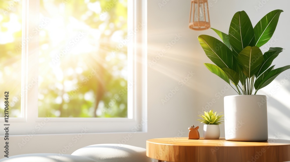 Aufkleber an aesthetic depiction of indoor plants on a table with sunlight filtering through a window, creatin