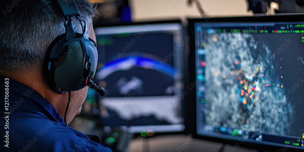 Poster person with headset observing radar data on computer monitors