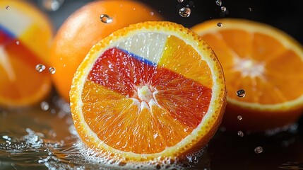 A close-up shot of a freshly sliced orange, cut in half revealing its juicy interior