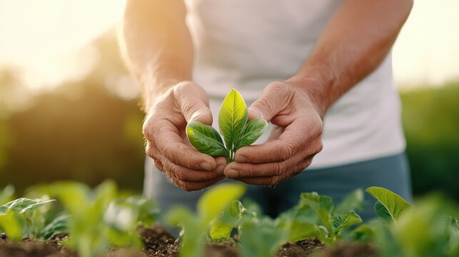 A close-up view of hands gingerly nurturing a new plant from the soil, showcasing the beauty of growth, care, and connection to the earth.