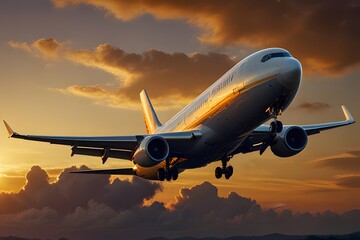 a passenger plane that takes off into the sky, against the background of the setting sun and clouds