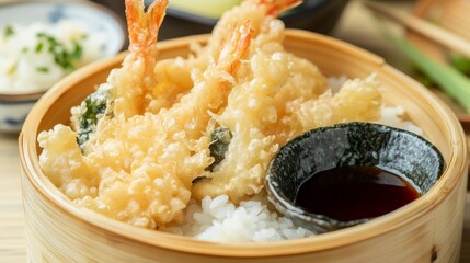 Close-up of rice and Japanese tempura with dipping sauce in a bamboo tray, emphasizing crispy and light texture. Ideal for Japanese cuisine and appetizer dishes.
