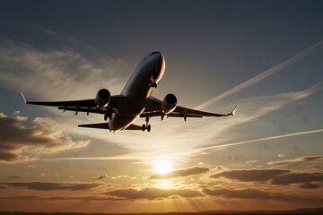a passenger plane that takes off into the sky, against the background of the setting sun and clouds
