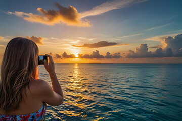 A girl standing by the sea, photographing a beautiful sunset on her phone.