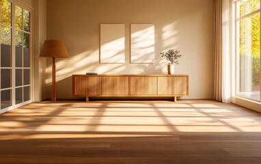 Obraz premium Bright and airy living room with wooden furniture and natural light streaming through windows