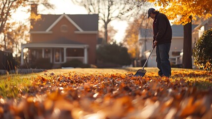 A man raking leaves in a quiet yard, the rhythmic swishing sound blending with the crisp autumn air