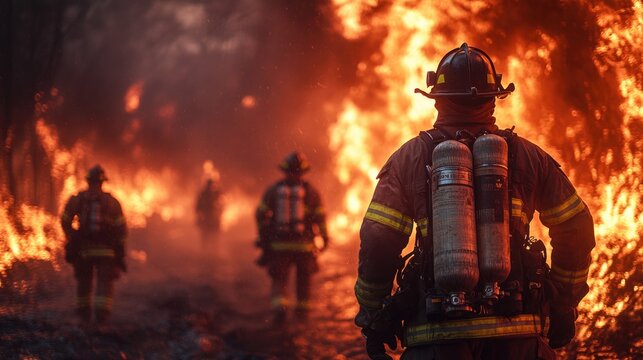 Group of firefighters walking through a forest filled with flames, great for emergency response or wildfire scenes
