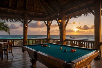 a gazebo located near the seashore in which there is a billiard table,