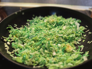 Frying leeks in a pan, preparing a vegan dish, wok dish
