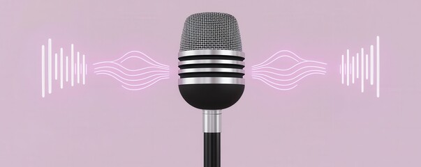 Stylish microphone with soundwave graphics on pink background.