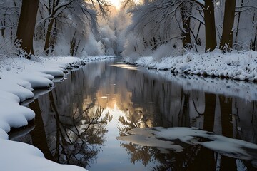 winter forest through which runs a small beautiful river at sunset