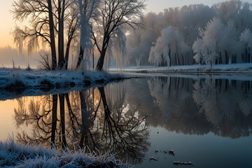 There are trees along the banks of the river at sunset in winter