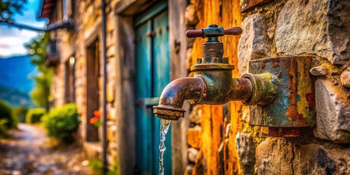 Rustic Recycled Faucet on Stone & Rusty Iron - Village Well Water Tap