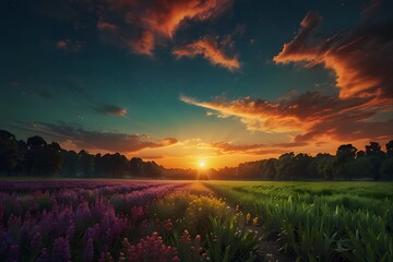 a field with different colors on a background of forest and sunset