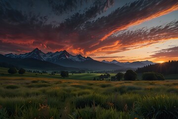 A picturesque green valley is in the foreground, and in the distance, snow-capped mountains rise majestically at sunset.