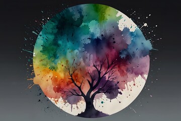 a majestic tree with a powerful trunk, whose crown is made in the form of colorful and saturated strokes of paint.