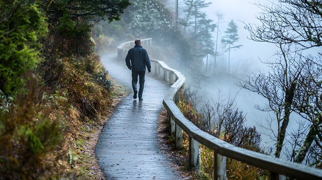 A man walking on a winding path in a dense fog, his steady pace breaking the stillness
