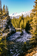 A mountain range is visible in the background of a river