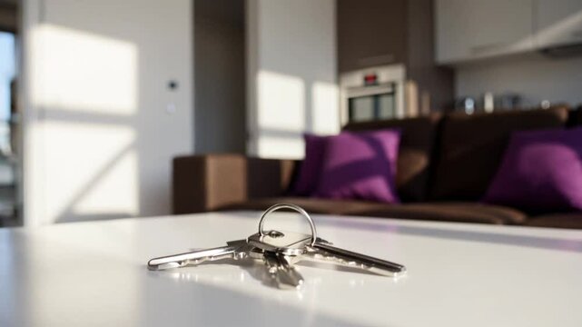 House keys on table top with modern living room in background