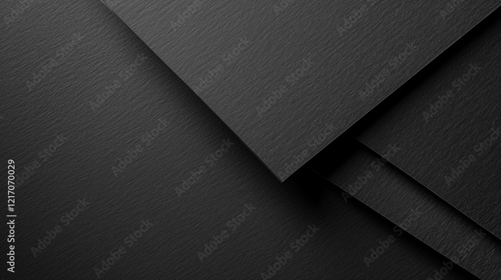 Poster minimalist overlapping black paper sheets on solid black background, featuring matte textured surfac