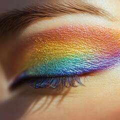 Vibrant Rainbow Eyeshadow Art with Shimmering Glitter Application
