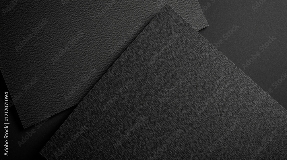 Aufkleber minimalist overlapping black paper sheets on solid black background, featuring matte textured surfac